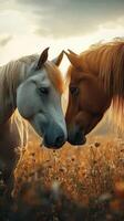Horses in a field at sunset sharing a tender moment in golden light, showcasing their bond and beauty in nature's embrace photo