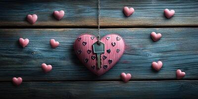 Heart-shaped padlock with key surrounded by small pink hearts on wooden background photo