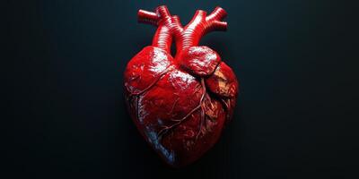 Realistic human heart model showcasing detailed anatomy and structure against a dark background, highlighting the complexity of the circulatory system photo