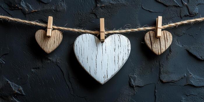Decorative wooden hearts hanging on a twine string against a textured black background photo
