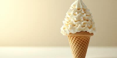 Delicious soft serve ice cream on a waffle cone with whipped topping in a bright setting photo