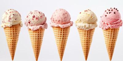 Five vibrant ice cream cones arranged in a row showcasing various flavors and textures photo