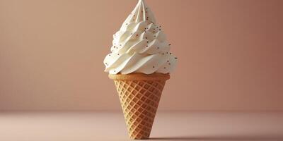 Enjoying a classic ice cream cone with swirled vanilla soft serve and chocolate sprinkles on a pastel background photo