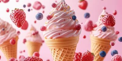 Colorful ice cream cones topped with swirls and fresh berries create a vibrant summer treat display photo