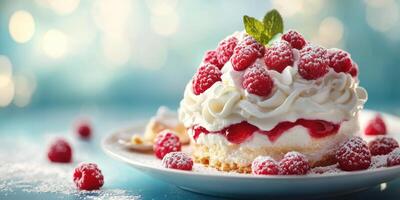 Delicious raspberry cake adorned with whipped cream and mint leaf on a festive table photo