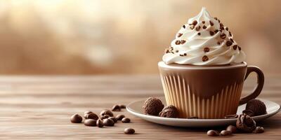 Delicious coffee with whipped cream and chocolate sprinkles on a wooden table in a cozy setting photo