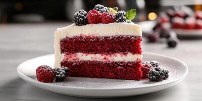 Decadent red velvet cake layered with cream cheese frosting and fresh berries on a white plate photo