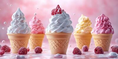 Delectable variety of soft serve ice cream cones displayed on a pastel background with fresh raspberries photo