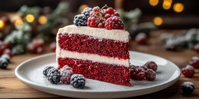 Delicious red velvet cake with fresh berries served on a wooden table during a cozy gathering photo