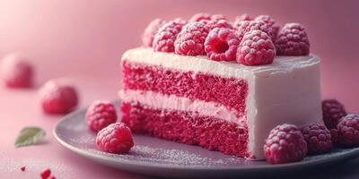 Delicious raspberry cake with creamy frosting and fresh fruit on a pink background photo