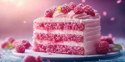Stunning raspberry layer cake showcases perfect pink layers and fresh toppings in a warm, inviting light setting photo