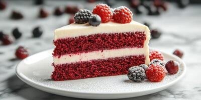 Delicious slice of red velvet cake topped with fresh berries on a white plate photo