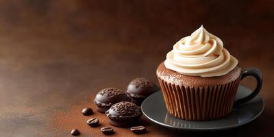 Decadent chocolate cupcake with creamy frosting alongside rich chocolate truffles on a dark wooden table photo