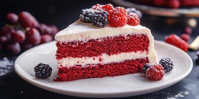 Delicious red velvet cake slice topped with fresh berries served on a white plate photo
