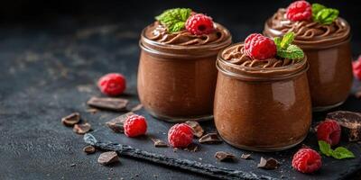Decadent chocolate mousse cups garnished with fresh raspberries and mint on a dark slate background photo