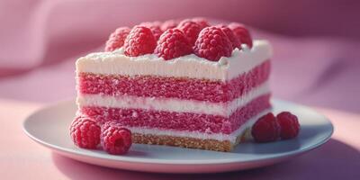 Delicious layered raspberry cake showcased on a simple plate with fresh berries in a soft light setting photo