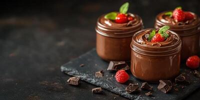 Delicious chocolate mousse served in small jars with raspberries and mint on a rustic black slate surface photo