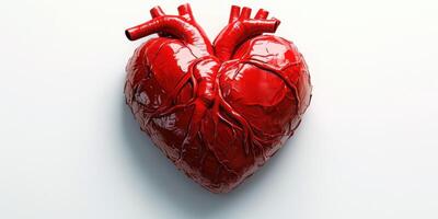 Heart sculpture featuring intricate details and vivid red color against a plain background showcases artistic creativity and passion photo