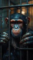 Chimpanzee looking through rusty bars in a dimly lit enclosure at the wildlife sanctuary during late afternoon photo