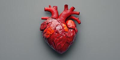 Heart sculpture showcasing intricate details of human anatomy in vibrant red color highlighting the complexity of organ structures photo