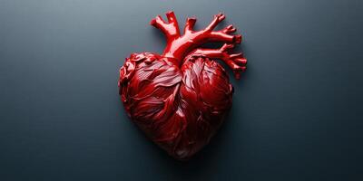 Crimson sculpture of a heart created with a textured finish displayed on a dark background photo