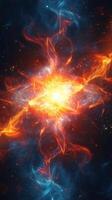 Vivid cosmic explosion illuminating the depths of space with fiery colors and swirling gases in a breathtaking celestial display photo