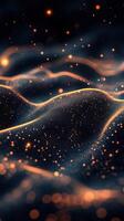 Abstract representation of digital waves with golden particles glowing in a dark background during a creative visualization session photo