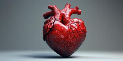 Realistic human heart model on display highlighting anatomical details in a minimalistic studio setting photo