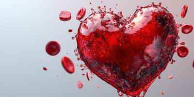 Heart shaped splash of red liquid with droplets on light background evokes emotion and passion photo