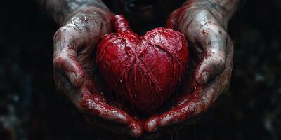 Hands cradling a red heart with intricate details show deep emotion and connection during dark, moody atmosphere photo
