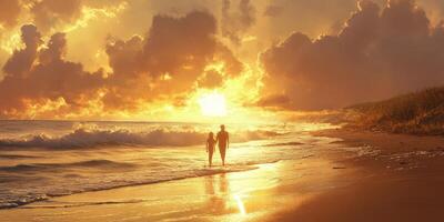 Sunset walk along the beach as waves crash and sky illuminates with golden hues photo