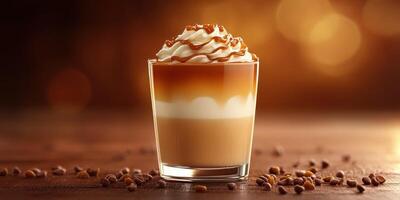 Delicious dessert coffee topped with cream and caramel in a cozy cafe atmosphere during the evening hours photo