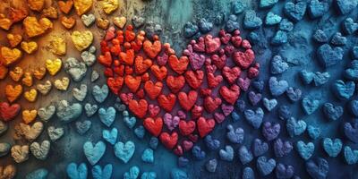 Colorful heart arrangement on a textured wall creates a vibrant display of love and creativity in a public space photo