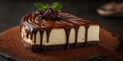 Decadent chocolate cheesecake slice adorned with cocoa and mint on a dark background photo
