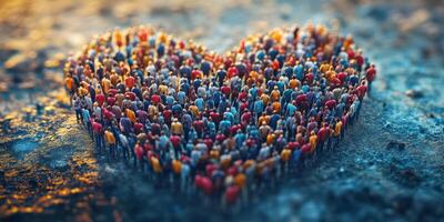 Crowd of miniature figures forms a heart shape on a textured surface at dusk photo