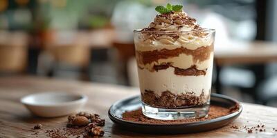 Creamy dessert served in a glass with chocolate layers and mint garnish in a cozy cafe setting photo