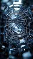 Intricate patterns of light and reflections within a transparent cylinder create a mesmerizing visual experience in an artistic composition photo