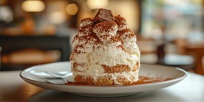 Delicious dessert served in a cozy cafe featuring whipped cream and chocolate on a rustic table photo