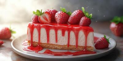 Strawberry cheesecake with fresh berries on a plate captured in a warm kitchen setting photo