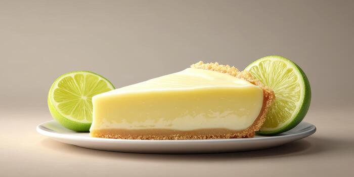 Delicious slice of creamy lime cheesecake with fresh lime wedges on a simple plate photo