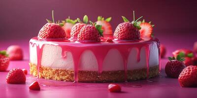 Delicious strawberry cheesecake with vibrant pink sauce and fresh strawberries on top photo