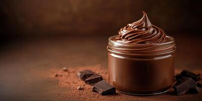 Rich chocolate mousse in a glass jar with chocolate pieces on a dark background photo
