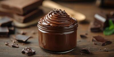 Decadent chocolate spread in a glass jar surrounded by dark chocolate pieces on a wooden table photo