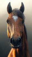 Majestic brown horse gazes into the distance with serene focus during sunrise in a calm landscape photo