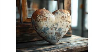 Heart-shaped decoration in rustic setting with vintage wood background and worn textures photo