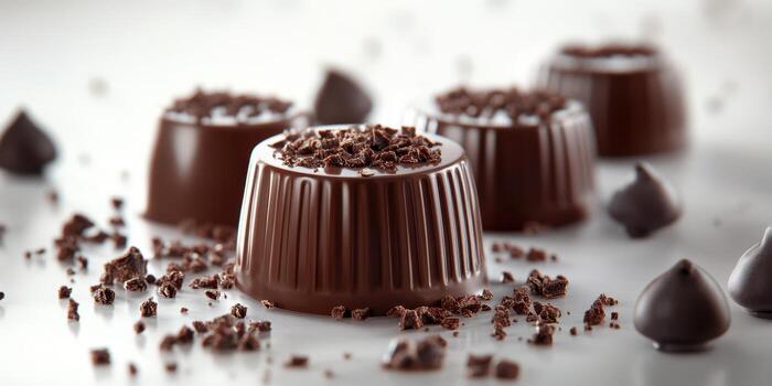 Delicious handmade chocolate truffles garnished with cocoa nibs on a clean white surface photo