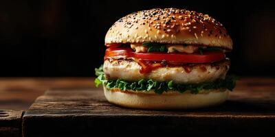 Juicy grilled chicken burger with lettuce and tomato on a rustic wooden table photo