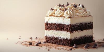 Rich chocolate cake layered with creamy frosting and chocolate chips on a neutral background photo
