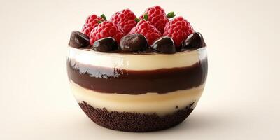 Creamy dessert layered with chocolate and vanilla custard topped with raspberries and chocolate candies photo