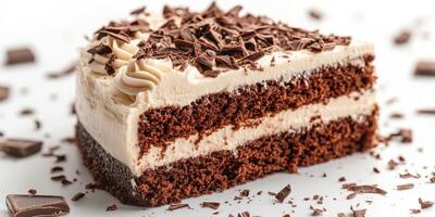 Delightful chocolate cake with creamy frosting and chocolate shavings on a plain background photo